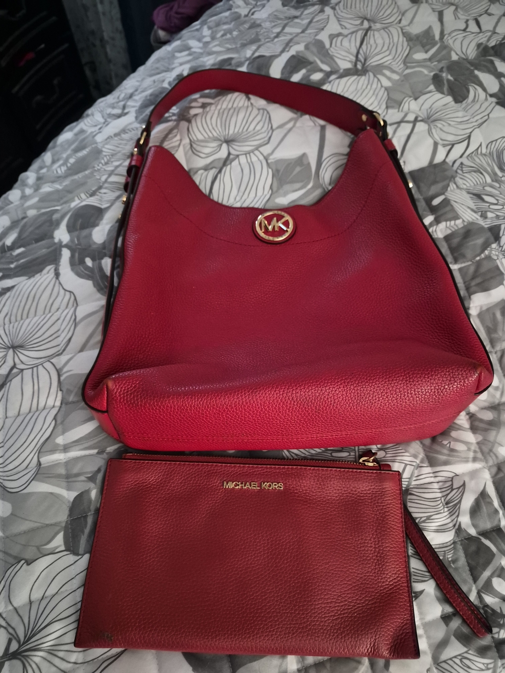 Michael Kors Red Pebbled Leather Hobo Bag with Wristlet